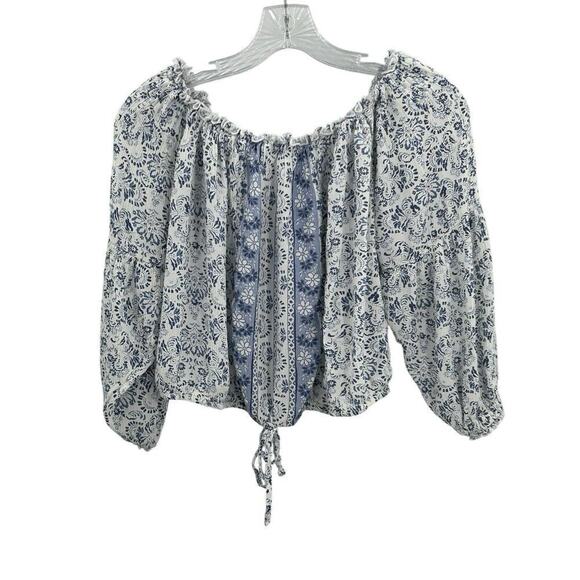 Hollister Women's Boho Floral Tie Front Blue Ruffle Trim Cropped Top Size Medium - Picture 1 of 16